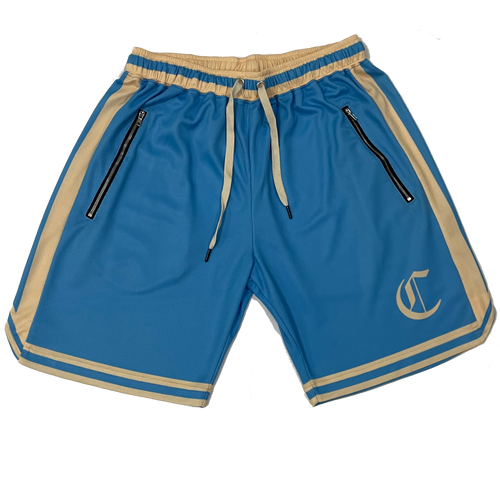 Cazcarro basketball shorts, Olympic blue and cream, zip pockets and side stripes