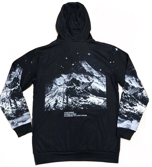 Cazcarro Mountain quarter zip hoodie, black, back view with mountain print