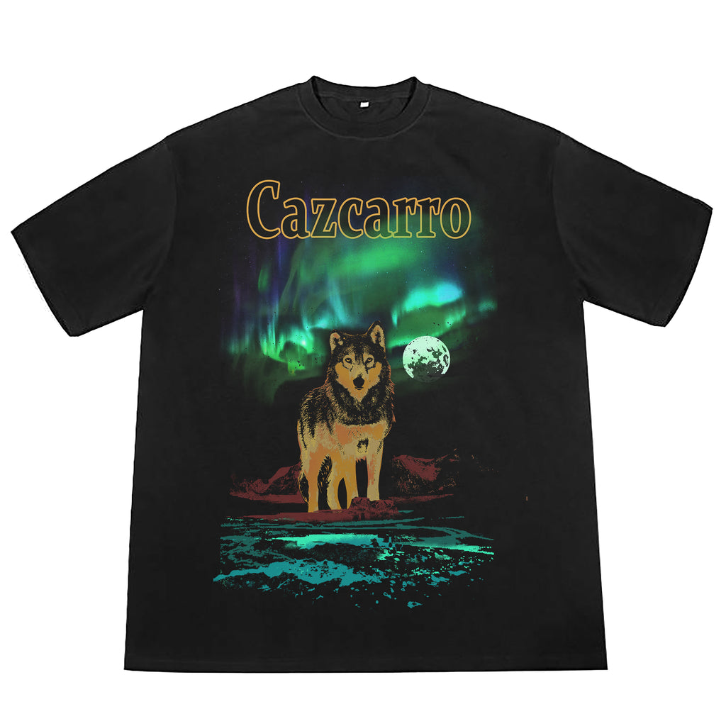Cazcarro Wolf Northern Lights graphic tee, black, front view