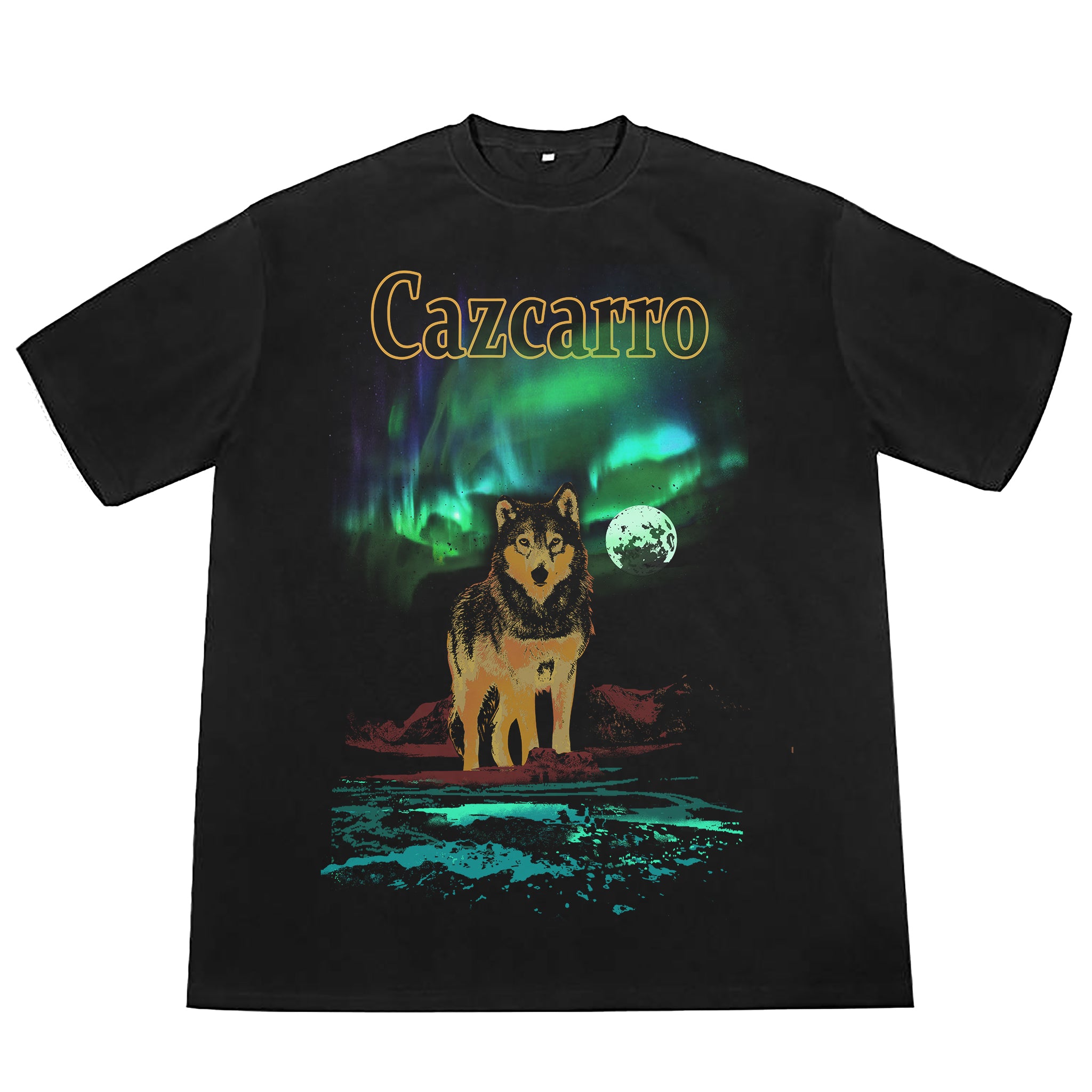 Cazcarro Wolf Northern Lights graphic tee, black, front view